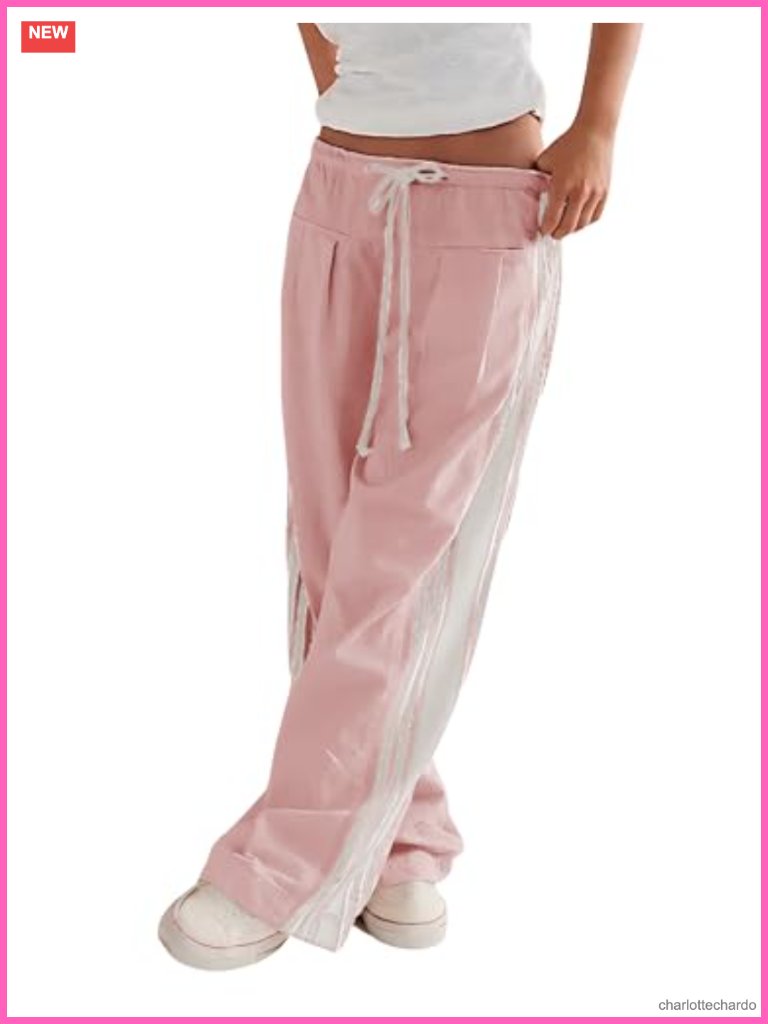 Wide Leg Palazzo Pants Drawstring High Rise Side Striped Slouchy With Pockets